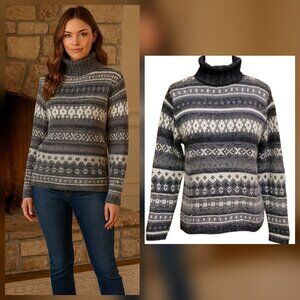 Silk Angora Rabbit Fair Isle Nordic Turtleneck Sweater Gray and White M Petite